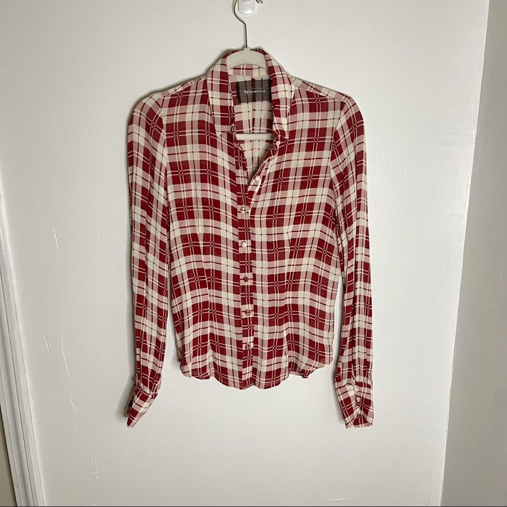 Reformation Red and Cream Plaid Button-Up Shirt - Picture 4 of 8